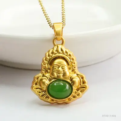 Guan Yu Jade Buddha Necklace for Women Gold Green