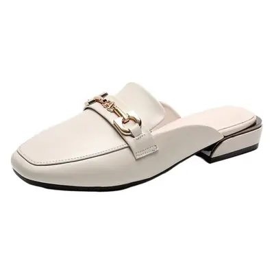 Women Chunky Heel Lazy Shoes Black Leather Slippers