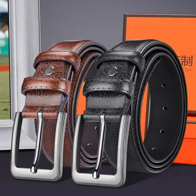 Men's Black Leather Belt with Silver Buckle
