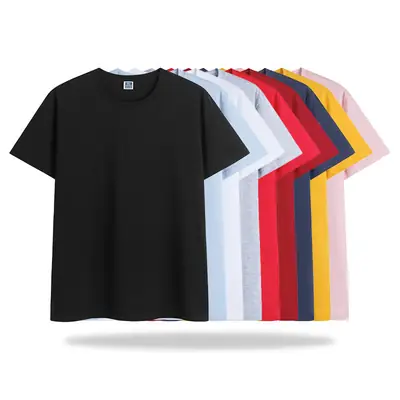 Men 200g Light Blue Round Neck T-Shirt Loose Fit