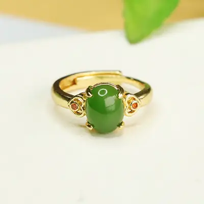 Green Jade Jasper Ring for Women Gold Plated