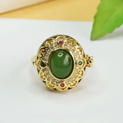 Jasper Green Jade Ring with Gold Plated Design