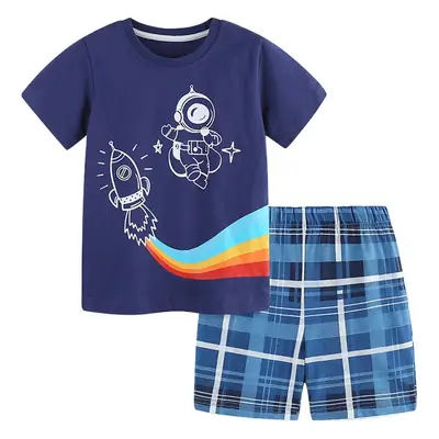 Boy's Blue Plaid T-Shirt Shorts Set Summer Small Medium