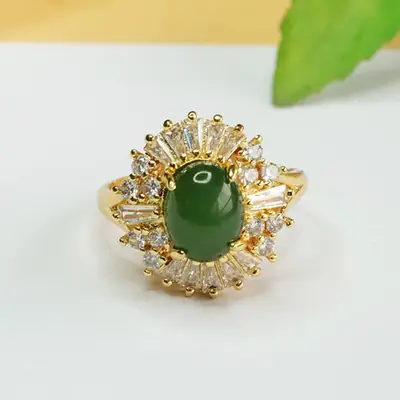 Green Jade Jasper Ring for Women with Diamond Set