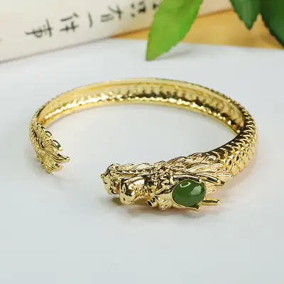 Zodiac Dragon Jade Bangle Bracelet Gold Green