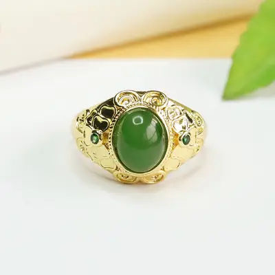Green Jade Jasper Ring with Gold Plating