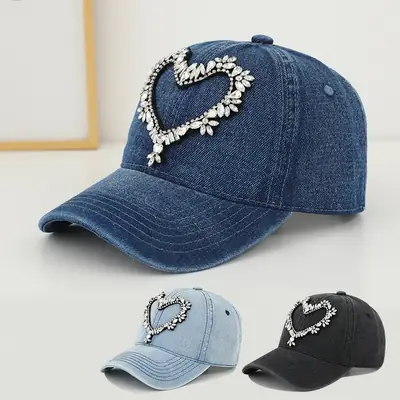 Women Denim Baseball Cap with Heart Rhinestone Design