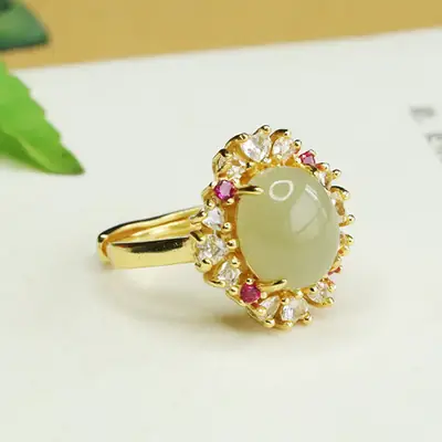 Aiyu Natural Hetian Jade Ring with Red Stones