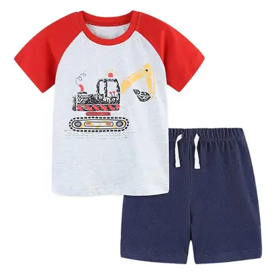 Summer Boys Cotton T-Shirt Shorts Set Red White Excavator Print