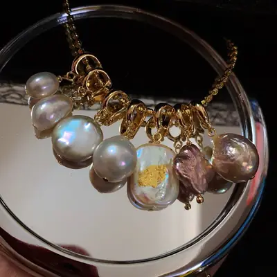 14k Gold Pearl Bracelet Necklace Pendant Set