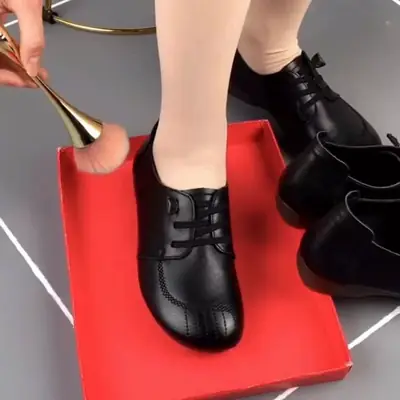 Women's Black Leather Slip-On Shoes with Non-Slip Sole