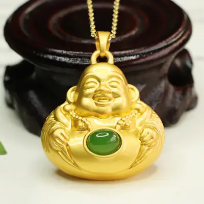 Golden Maitreya Buddha Necklace with Green Stone Pendant