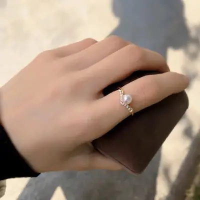 Pearl & Diamond V-Shape Ring for Women
