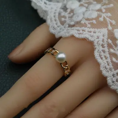 Adjustable Gold Pearl Ring for Women