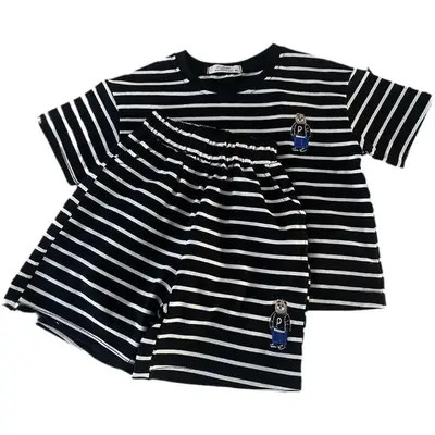 Boys Striped T-Shirt 2-Piece Set with Bear Embroidery