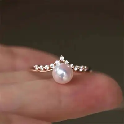 Yuhe Pearl Ring Adjustable V-Shaped Full Diamond Sterling Silver Gold