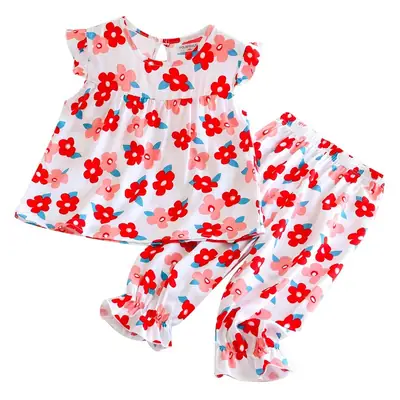 Summer Girl's Artificial Cotton suit Cool Breathable Foreign Trade Children's Home Clothes Thin Top Anti-mosquito Pants Cotton Silk suit