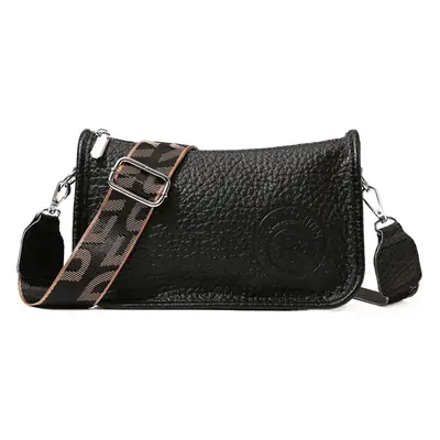 Black Leather Wide Shoulder Bag with Strap
