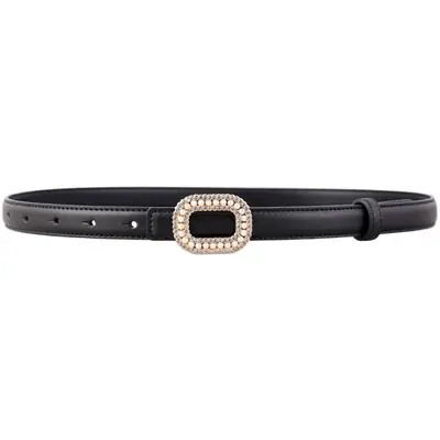 Women's Black Genuine Leather Belt with Pearl Buckle