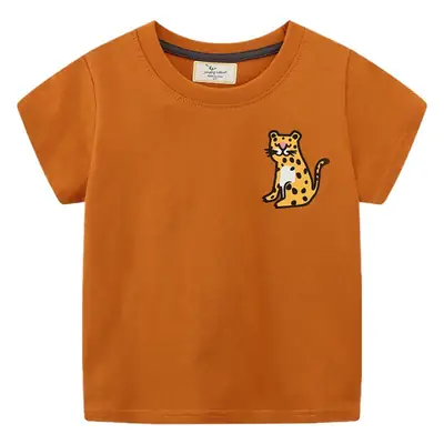 2026 Boys Orange Cat Print T-Shirt Round Neck Short Sleeve