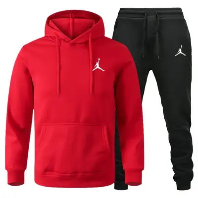 Men Winter Fleece Hoodie Sweatpants Set Maroon Black
