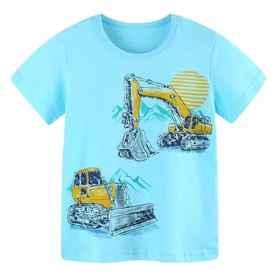European & American Boys' Cartoon Excavator T-Shirt Light Blue