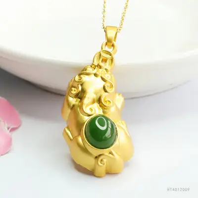 Guan Yu Jadeite Pixiu Necklace Gold 18k