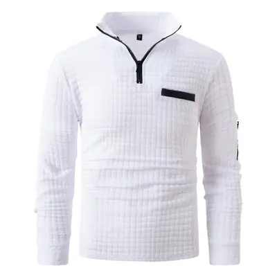 Men's White Grid Arm Zipper Polo Shirt