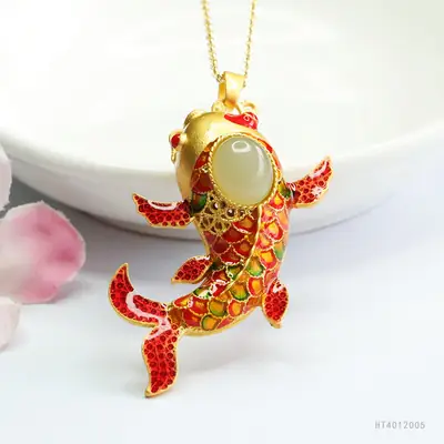 Guan Yu Koi Enamel Pendant Necklace Clear Jade