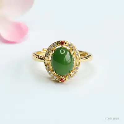 Green Jade Finger Ring with Crystal Set for Women