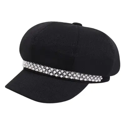 Women Rhinestone Pearl Chain Octagonal Hats Black Beige