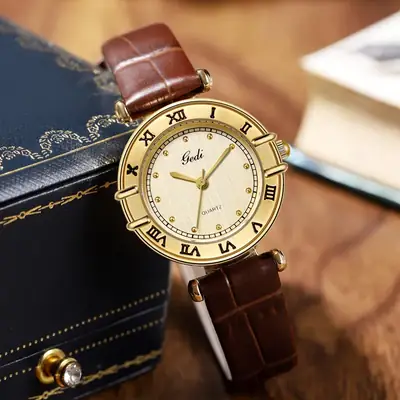 Gedi Women's Roman Dial Watch Gold Black Leather Band