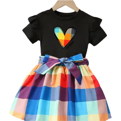 Girls Love Heart Rainbow Plaid Skirt Set