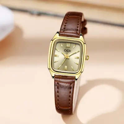 Gedigao Women's Square Gold Watch with Black Leather Strap
