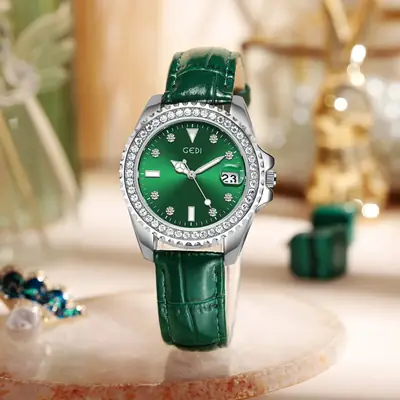 Women's Green Quartz Calendar Watch with Diamond Case