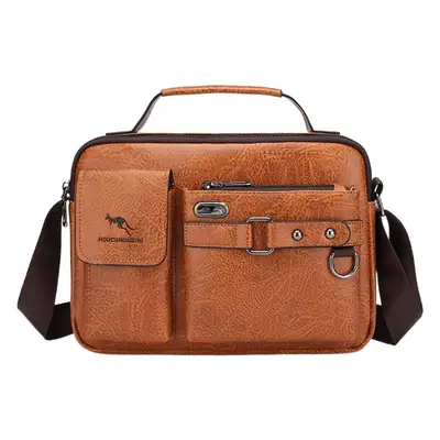 Men's Brown Soft Leather Shoulder Bag with Pocket