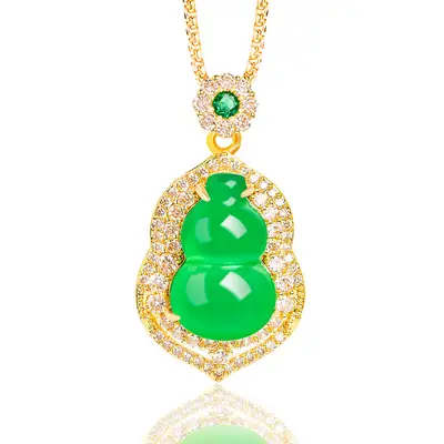 Natural Green Agate Gourd Jade Pendant Women's Necklace Gold Plated