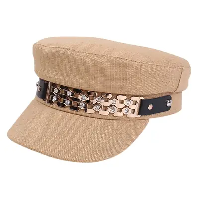 Women Korean Style Flat Cap with Rhinestone Chain & Short Bristle