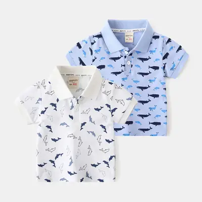 Kids Boys Cotton Polo Shirt Blue Whale Print 2026