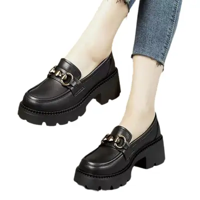 Black Work Leather Locket Shoes with Thick Heel