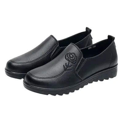 Black Slip-On Leather Mom Shoes with Soft Bottom