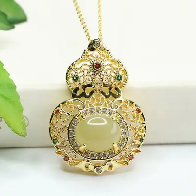 Aiyu Hetian Jade Pendant Necklace with Red Gemstones
