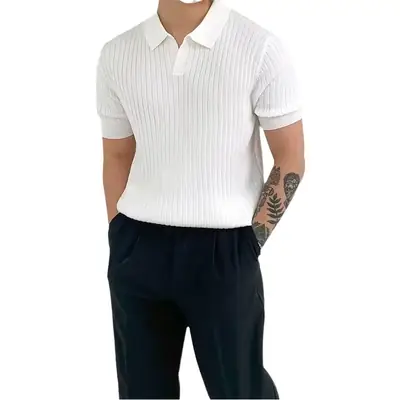 Men Korean Style White Knit Polo Shirt Short Sleeve