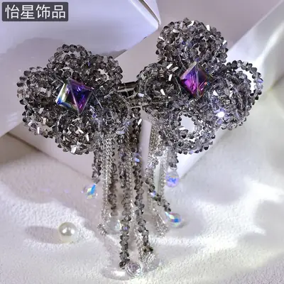 Crystal Tassel Hairpin with Silver Flower Design