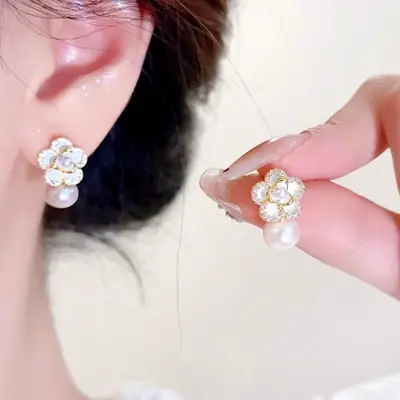 White Camellia Pearl Earrings for Women