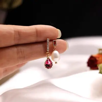 Red Pearl Drop Earrings 14K Gold Elegant Asymmetric
