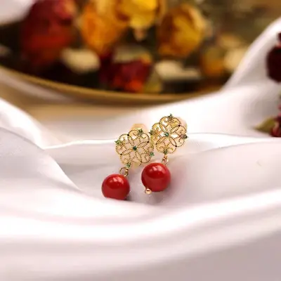 14K Gold Hollow Lace Earrings Cinnabar Red Festive