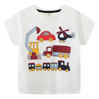 2026 Boys T-Shirt Cartoon Excavator Pure Cotton White