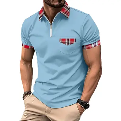 Men's Light Blue Plaid Polo Shirt with Zipper Pocket