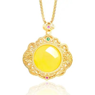 Natural Yellow Onyx Egg Face Copper Gold Plated Ice Jade Pendant Women's Necklace